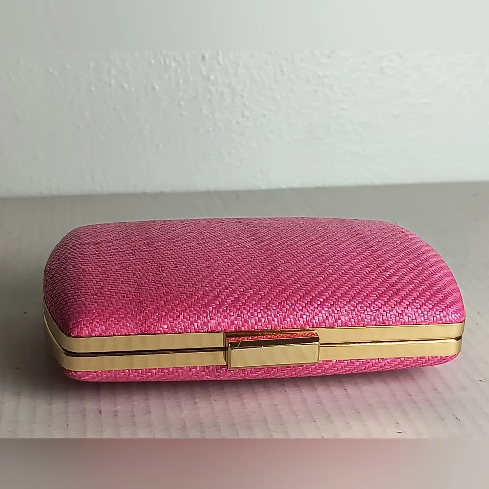 Exquisite Woven Shade Satin Evening Clutch Hand Bag Rose Red Metal Strap